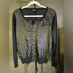 DKNY Knit & Satin Sweater with Rosettes Size L BLACK